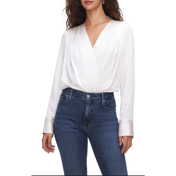 NWT Good American Faux Wrap Blouse XS Ivory Cuffed Blouson Long Sleeve V-Neck - Picture 1 of 5